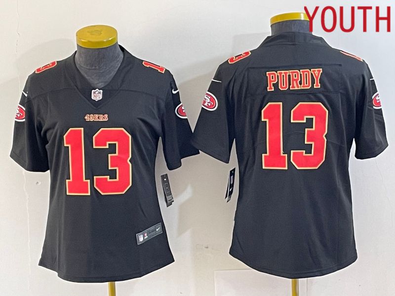 Youth San Francisco 49ers 13 Purdy Black gold 2024 Nike Vapor Limited NFL Jersey style 1